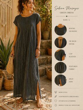 Sabina Musayev Dress Large Green Textured Maxi Boho Cap Sleeve Split Hem Light